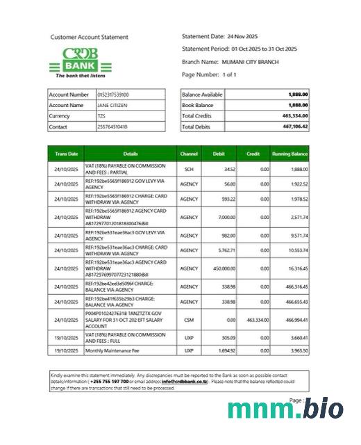 Szablon wyciągu bankowego Tanzania BancABC w programie Word i PDF